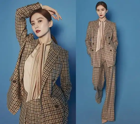 明星刘诗诗同款时尚炸街格子西装套装女韩版秋季西服微喇裤两件套