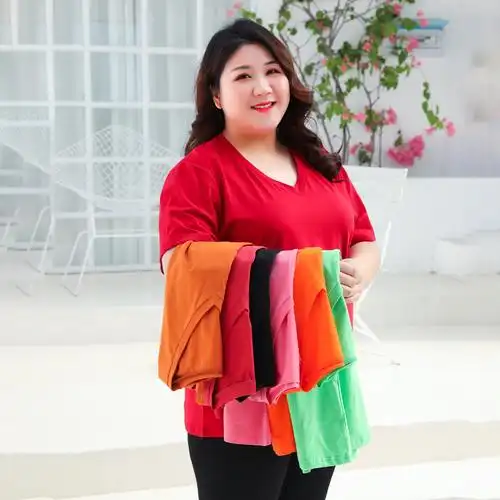 胖妹妹夏装上衣大码短袖t恤女加肥加大200斤胖mm纯棉体恤低v领薄