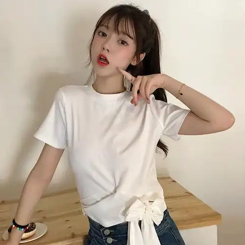 实拍 短款高腰下摆打结短袖t恤女露脐心机上衣