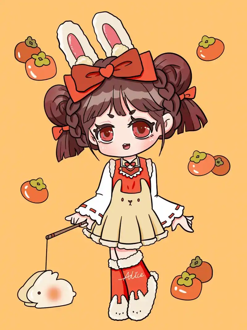 兔年新年元旦春节简笔画贴纸卡通q版人物 原创动漫人物兔子女孩 兔年