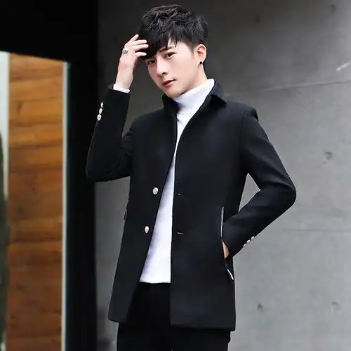 suntek男士帅气中长款小风衣男青年秋冬季新款修身呢子大衣加厚毛呢