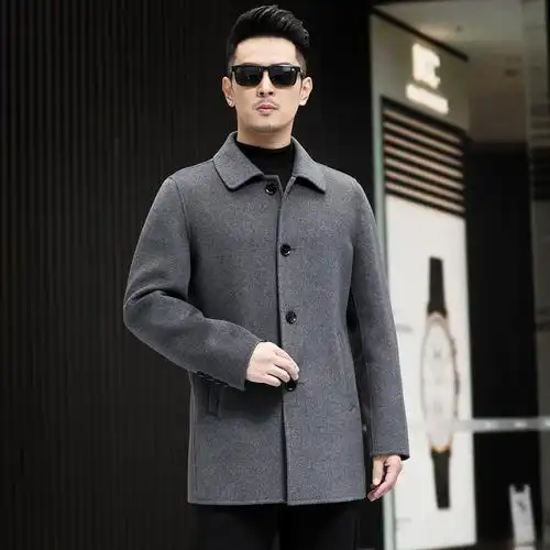 中长款毛呢外套中年商务翻领秋冬羊毛双面呢加厚双面羊绒大衣男士