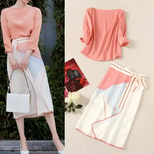 2021年夏季欧洲站名媛女装一字领七分袖上衣几何图案拼色包臀套装