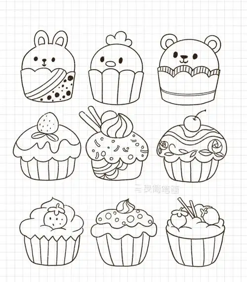 简笔画草莓樱桃纸杯蛋糕甜点甜品手帐素材