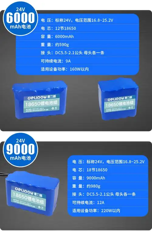 德力普(delipow)充电电池 24v锂电池组6串18650电芯大容量电瓶移动