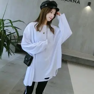 2018秋季新款圆领纯白色下摆不规则破洞中长款大白t恤女打底衫潮