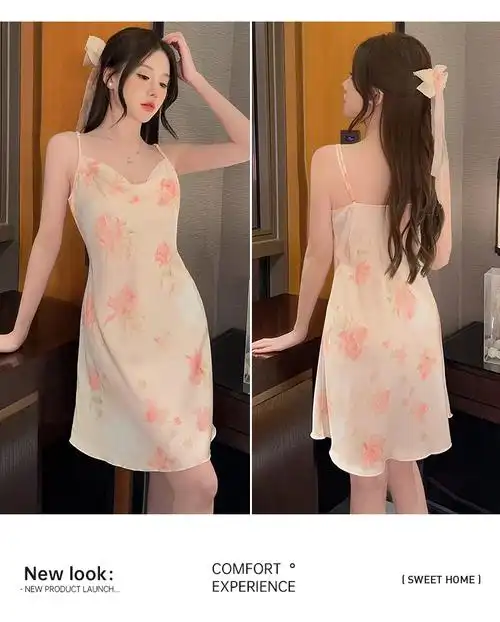 冰丝睡衣女夏季法式性感荡领吊带睡裙丝绸家居服2024新款纯欲风 - 17