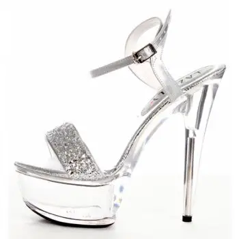 夜店恨天高女鞋 15cm/厘米超高跟凉鞋 水晶鞋 银色亮片婚鞋走秀鞋