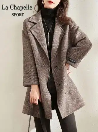 lachapellesport拉夏贝尔品牌千鸟格毛呢大衣女秋冬季新款中长款时尚