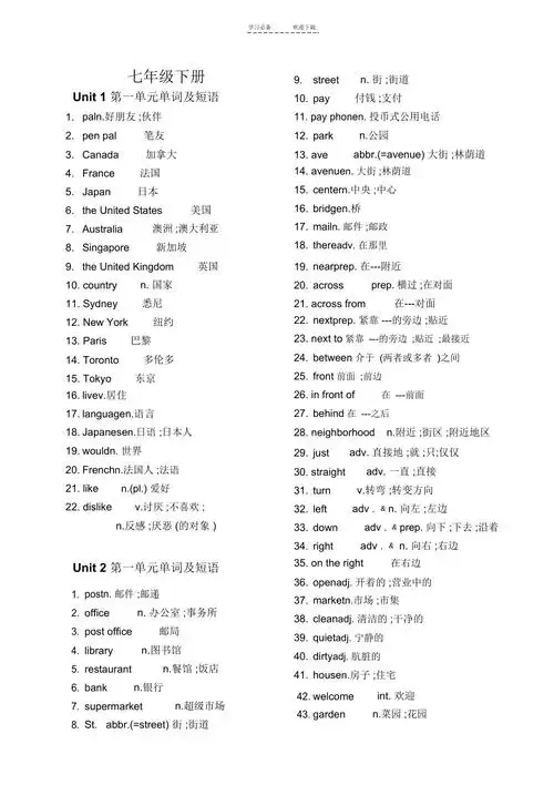 人教版新目标七年级下册英语单词表