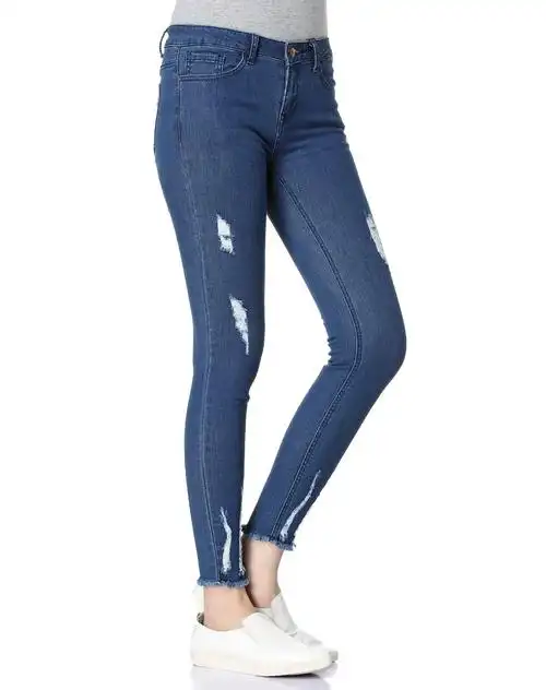 深蓝色紧身百搭中腰牛仔裤