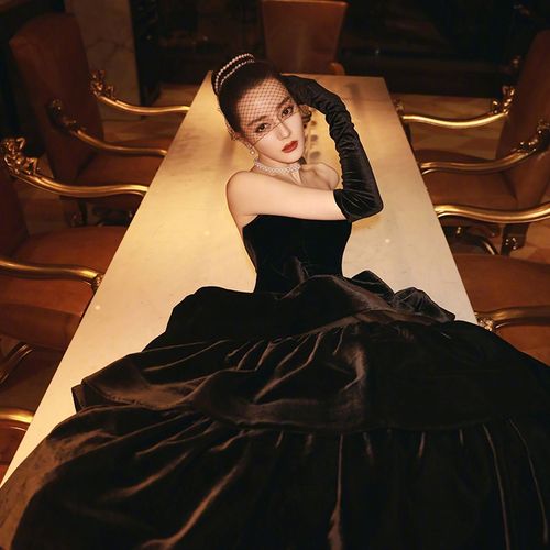 迪丽热巴同款明星礼服赫本风黑色晚礼服高端丝绒显瘦性感气质宴会