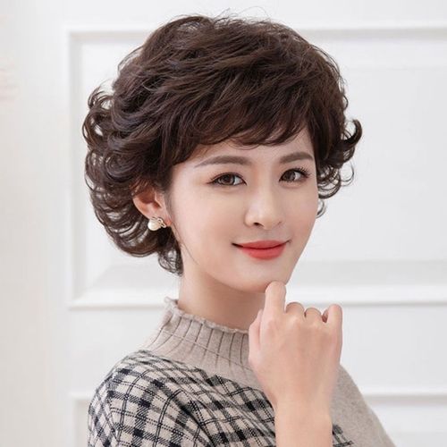 气质时尚假发妈妈款短卷发假头发中老年女士真发短发光头全头套式