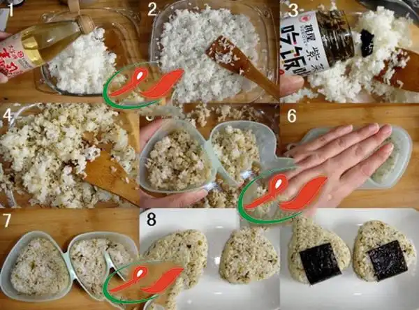 放置35°左右备用5-8,将拌好紫菜酱的米饭装入三角寿司饭团模具中,盖