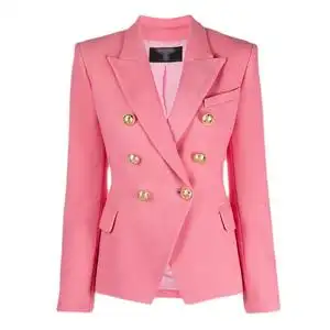 2021新粉色巴尔曼西装女金属双排扣修身收腰西服ol职业蜂窝纹外套