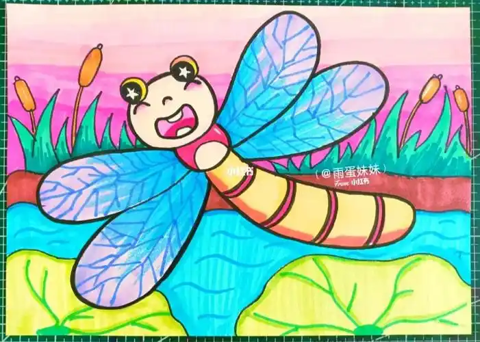 少儿童卡通创意画昆虫贪玩的可爱蜻蜓点水