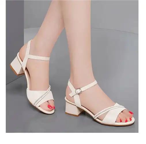 真皮凉鞋女夏季2022新款一字扣露趾女鞋时尚中跟工作鞋女上班鞋仙女风