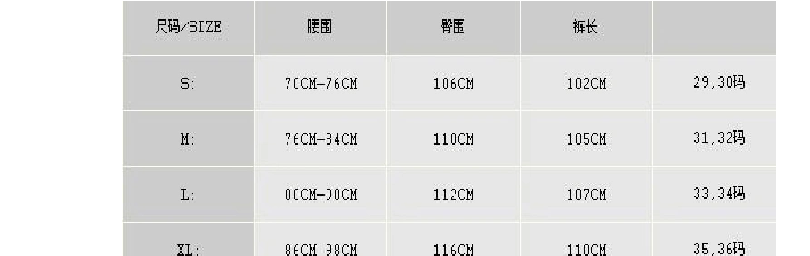 裤子腰围尺寸及裤子尺码对照表(doc)