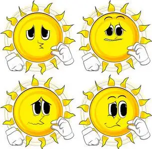 比大小卡通太阳用手比划着一小笔.收集与悲伤的面孔.表达式向量集照片