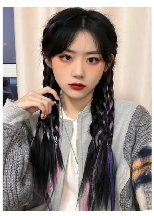 拳击辫马尾女麻花辫绑带式女团辣妹挑染脏辫马尾双马尾棕黑色挑染樱花