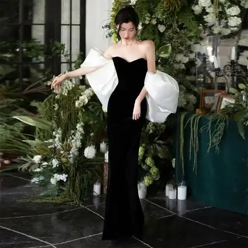 黑色晚礼服抹胸高端轻奢小众鱼尾主持人年会连衣裙女气质名媛艺考