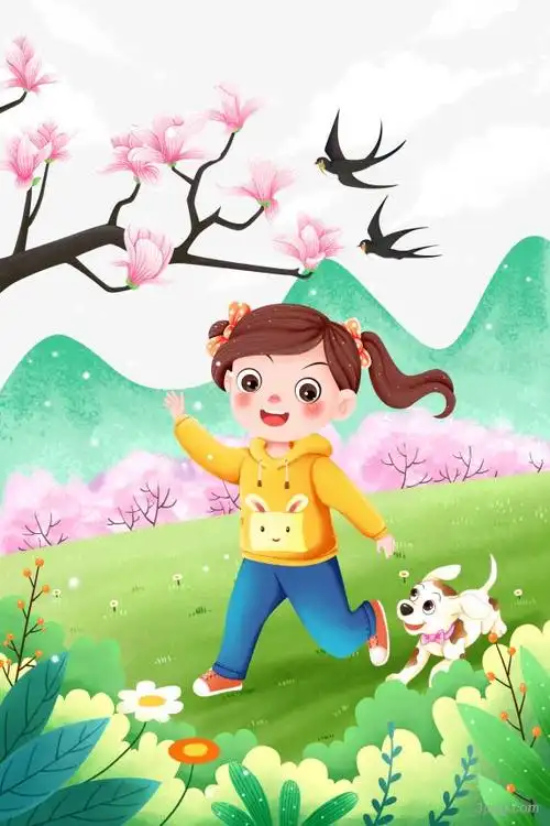 春季踏青郊游女孩小狗春景插画png素材透明免抠图片