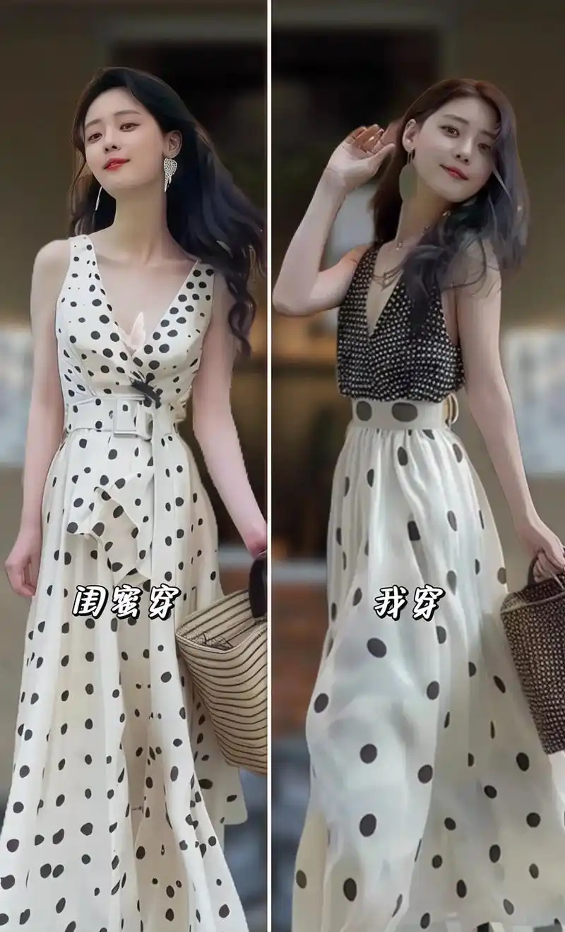 姐妹们快来看呀～大v 领波点无袖上衣搭配白色大波点半身长裙