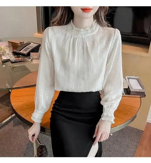 已出货实拍2024春季新款重工钉珠蕾丝领衬衫女法式复古小众衬衣 - 17