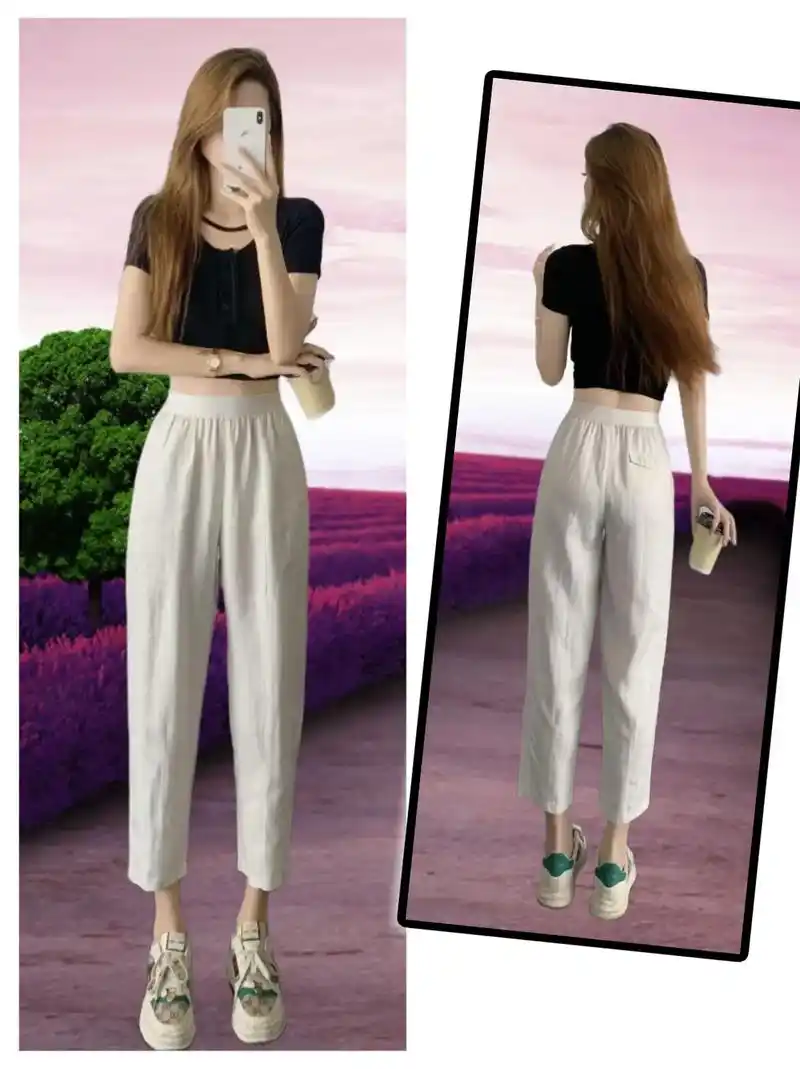 高品质天丝亚麻九分哈伦裤