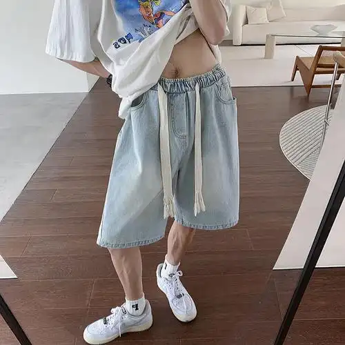 抽绳牛仔短裤男夏季薄款潮流外穿大裤衩松紧腰运动五分裤宽松潮牌