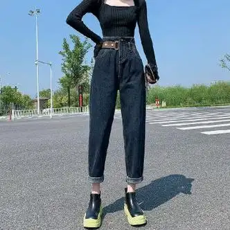 揽塔哈伦裤宽松春秋初高中女学生牛仔裤季大码妹mm高腰显瘦老爹裤蓝色
