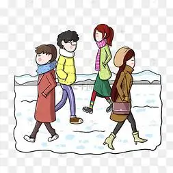 卡通冬季路人走过png透明底