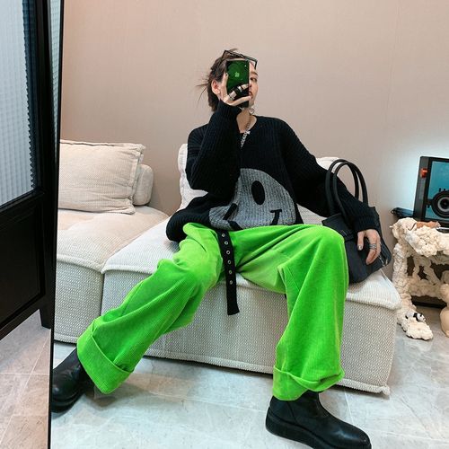 hnapa概率论 加厚灯芯绒裤子直筒高腰垂感绿色条绒阔腿裤ins潮