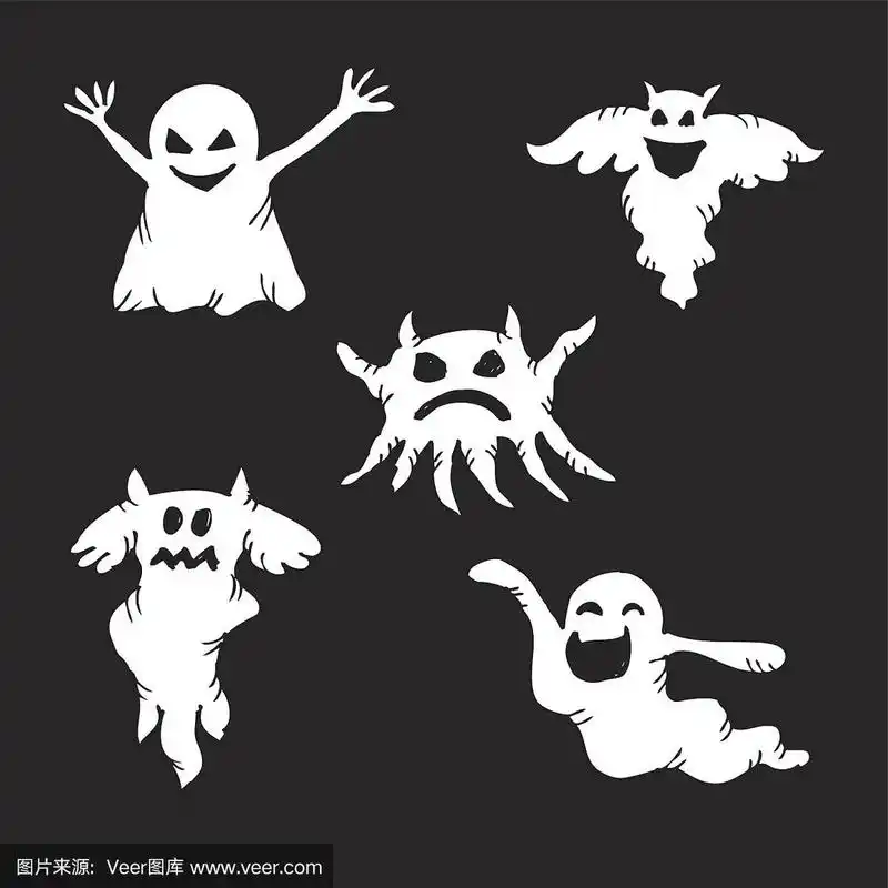 五个不同表情的鬼魂.手绘插图.