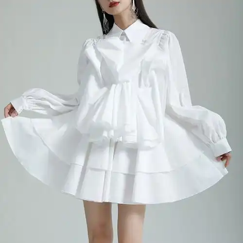衬衫白色褶皱连衣裙短款裙显瘦收腰气质裙子a字裙女长袖街头时尚