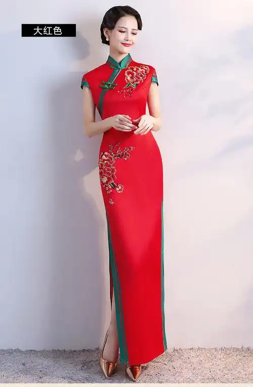 女装2022新款走秀旗袍长款改良高端舞台演出服中老优雅中国风玫红色s