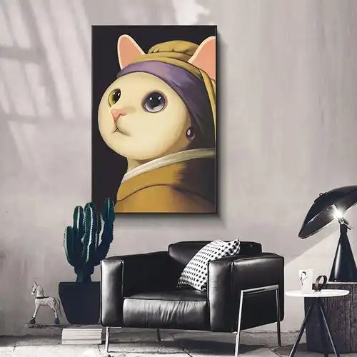 珍珠耳环猫咪装饰画餐厅背景墙家居客厅挂画晶面现代装饰画