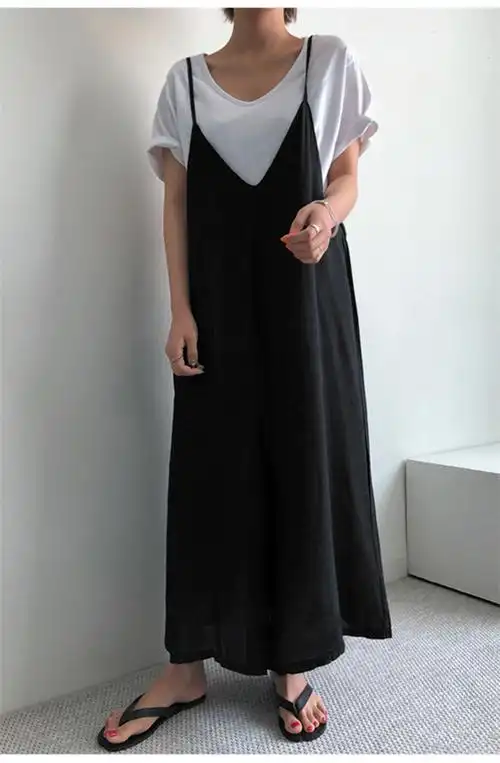 艳如飞2020夏季新款韩版宽松显瘦黑色背带连体裤女大码休闲阔腿吊带