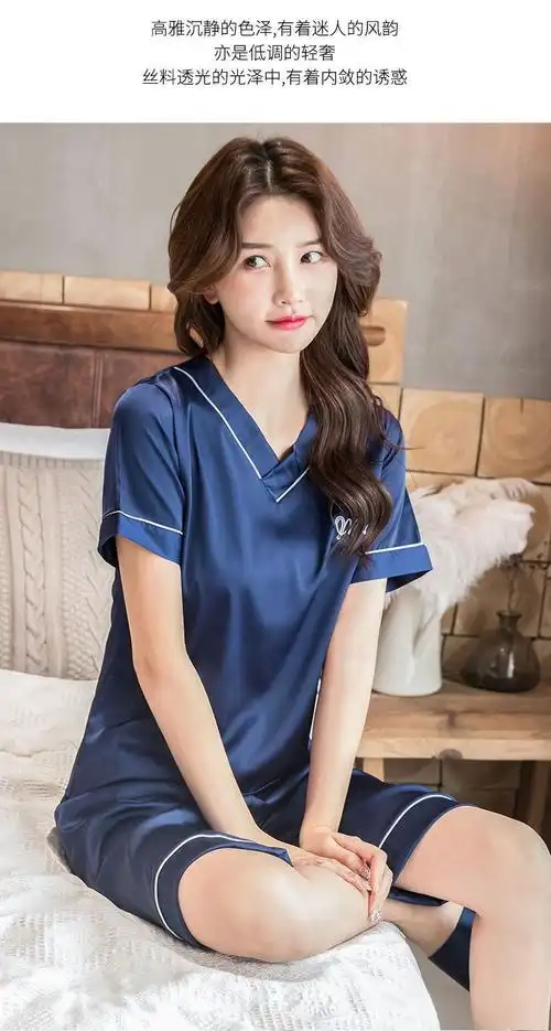 睡衣女夏冰丝薄款两件套冰丝睡衣女两件套装v领短袖五分裤款家居服