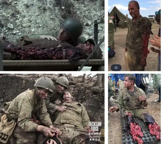 左为《血战钢锯岭》电影画面,右为幕后拍摄现场,图片来自《血战钢锯岭