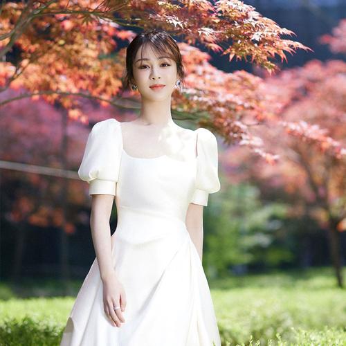 小个子轻婚纱缎面杨紫明星同款晚礼服新娘结婚拖尾法式显高公主裙