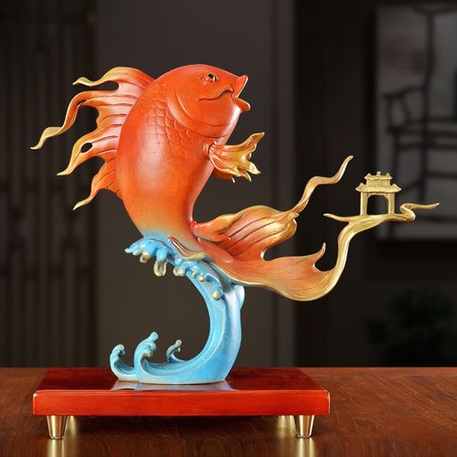 鲤鱼跳龙门年年有鱼客厅玄关书房桌面装饰乔迁礼品 鱼跃龙门橘红色38*