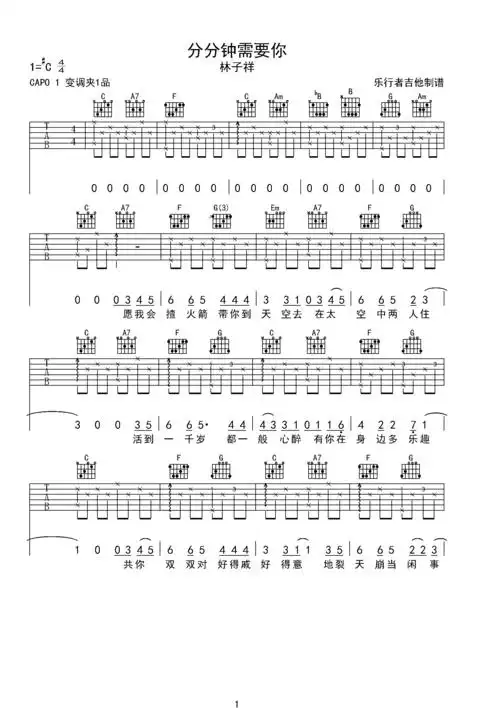 分分钟需要你-林子祥 弹唱吉他谱 c调指法原版编配c#调六线吉他谱-虫