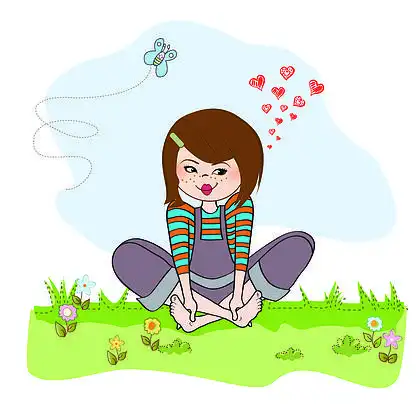 浪漫的女孩赤脚 i>坐 /i> i>在 /i> i>草 /i> i>地 /i>上,矢量图