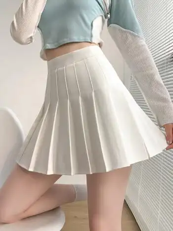 半裙高腰百褶裙女大码弹jk纯色a字半身裙2022日系学生防走光短裙 白色
