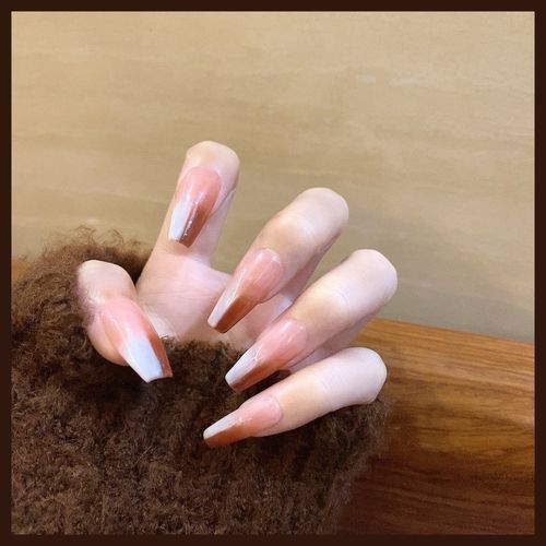 美甲成品欧美kylie同款裸色乳白渐变假指甲可取可带穿戴美甲长款
