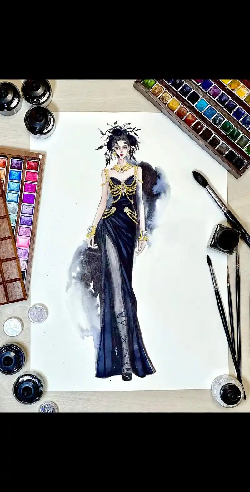 时装画|手绘高定礼服系列94.#服装效果图 #时装画 #服装 - 抖音