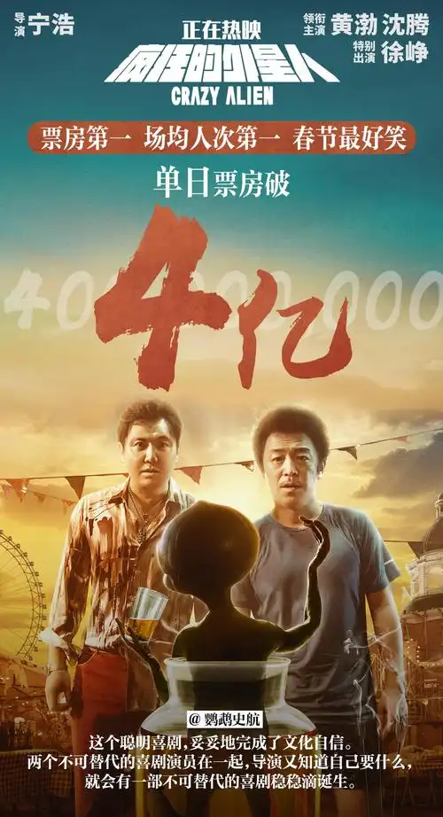 《疯狂的外星人》上映首日票房破4亿 黄渤沈腾被赞神仙组合
