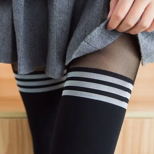 日系黑色打底袜女拼接丝袜jk假高筒连裤袜春秋薄款中厚防勾丝过膝