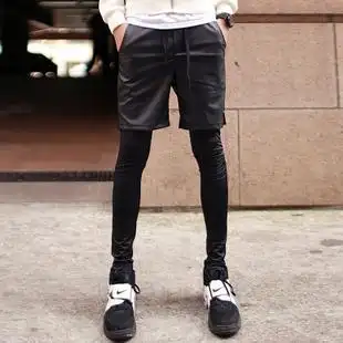 mi_英伦先生原创百搭修身皮潮男短裤假短裤配打底裤假两件紧身裤